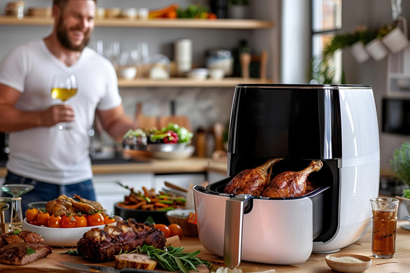 Homem preparando seis de fim de ano em uma Air Fryer, bebendo uma taça de vinho.